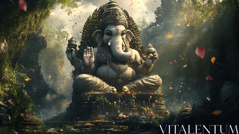 Stone Ganesha statue in dense jungle temple setting.