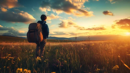 Hiker with backpack stands in wildflower field at sunset