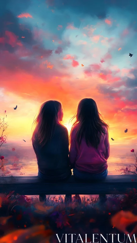 Friends share a tranquil bench at a radiant sunset sky.