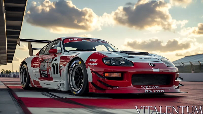 Toyota race car rests on pit lane under glowing sunset sky.