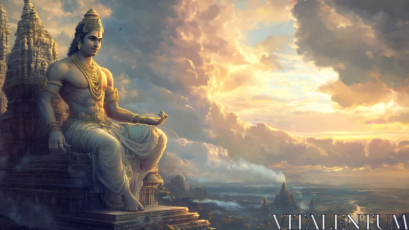 Serene temple guardian watches a glowing sunrise sky