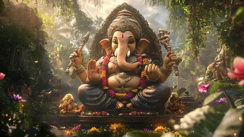 Gentle Ganesha in a lush forest sanctuary of soft light.
