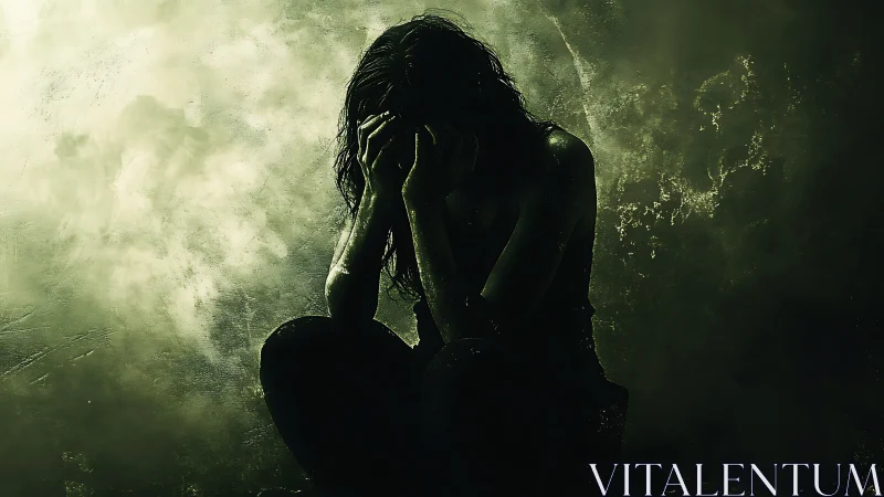 Silhouette of a Woman in Distress Amid Dark, Moody Atmosphere.
