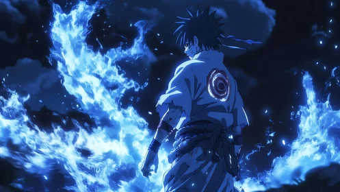Nocturnal swordsman amid ionized blue flame vortices.