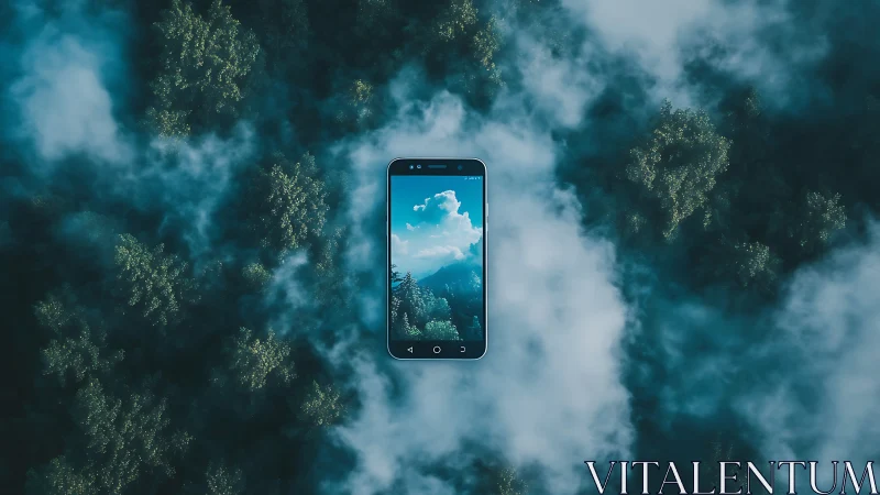 Cloud-kissed smartphone portal hovering over misty forest.