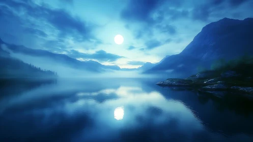 Moonlit mountain lake reflects misty blue twilight sky