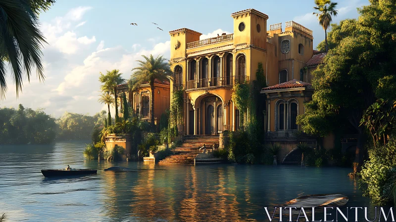 Sunlit riverside villa with lush palms and calm waters.