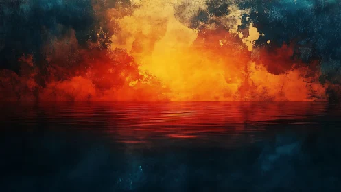 Fiery abstract horizon ignites over dark reflective sea.