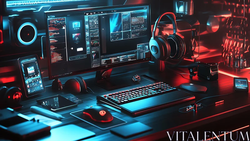 Dual-monitor cyber workstation with neon-lit peripherals.