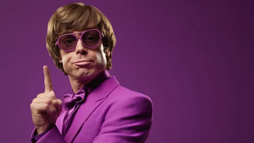 Retro styled man in purple suit holding up one finger.