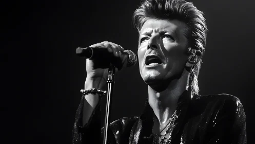 Dramatic black and white portrait of singer on stage.