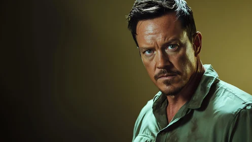 Intense middle aged man portrait against muted background.