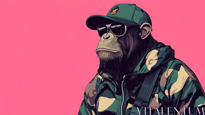 Stylized chimp portrait in camo streetwear on pink field.