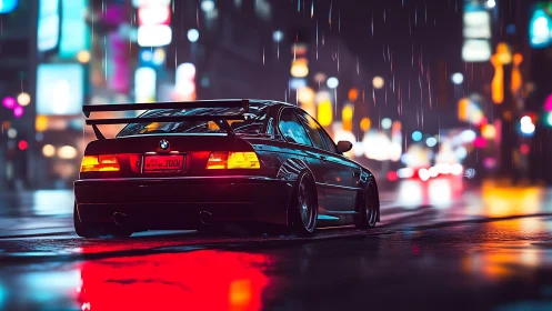 Street-tuned BMW in neon rain-soaked city at night.