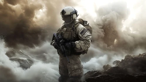 Armored marine stands amid storm surge and explosive debris field