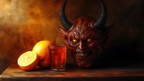 Demonic horned head contrasts with oranges on rustic table.