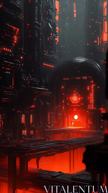 Vertical industrial interior shows illuminated red core system