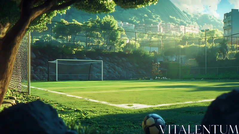 Sunlit urban football field below forested hillside at dawn.