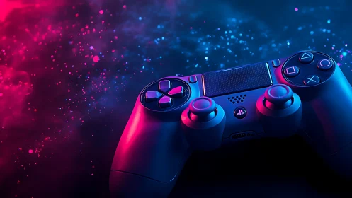 Neon gamepad drifting through cosmic vapor and pixel stardust.
