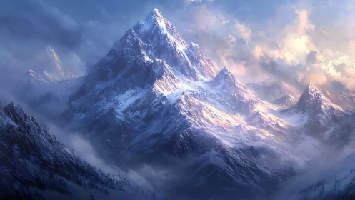 Icy mountain range catches sunrise along misted ridges.