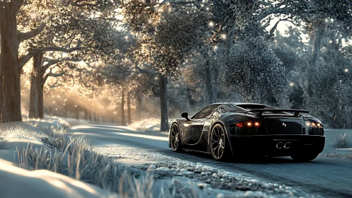 Midnight-black supercar on a frosty forest road at dawn.