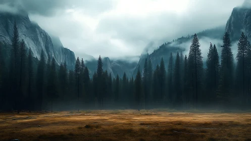 Misty Mountain Valley with Evergreen Forest and Granite Peaks.