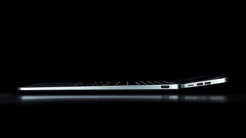 Ultrathin metallic laptop profile isolated in high contrast lighting