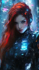 Cybernetic red‑haired warrior stands in neon storm light
