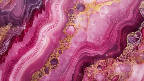 Vivid Pink Agate Stone Texture with Gold Veining, Abstract Art.