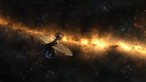 Deep-space relay satellite silhouettes against dense galactic dust band