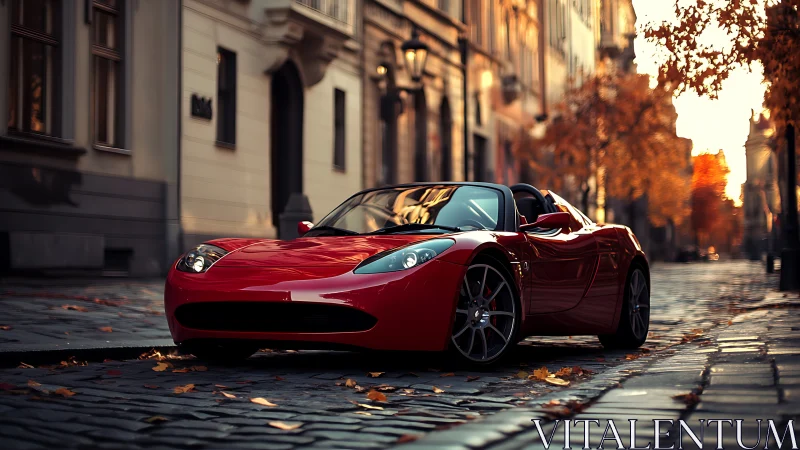Red sports convertible stands on cobblestone street at dusk