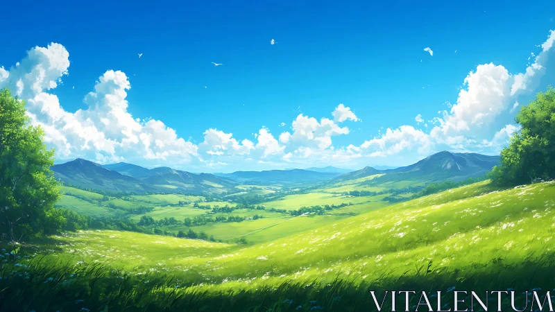 Wide green valley landscape under clear blue midday sky.