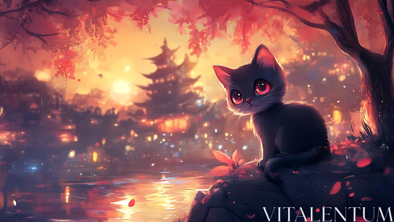 Cartoon kitten by riverside under sunset near pagoda.