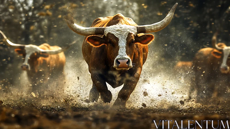 Duststorm longhorn charge under molten sunset haze.