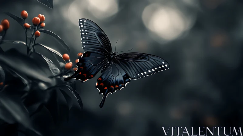 Black butterfly over foliage with red berries at dusk.