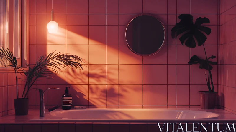 Moody tiled bathroom with plants in warm sunset glow.