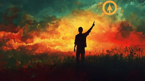 Silhouette of figure points at circular arrow symbol in sky