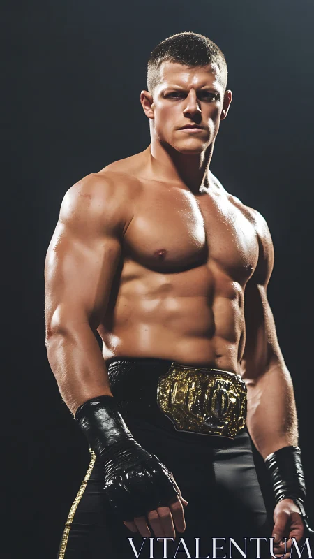 Muscular champion wrestler posing with gold title belt.