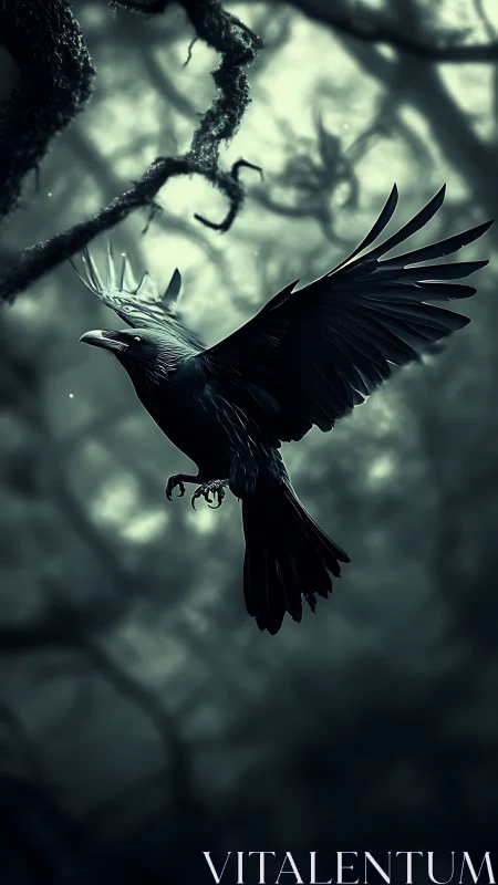 Majestic Raven Takes Flight Through Misty Woodland