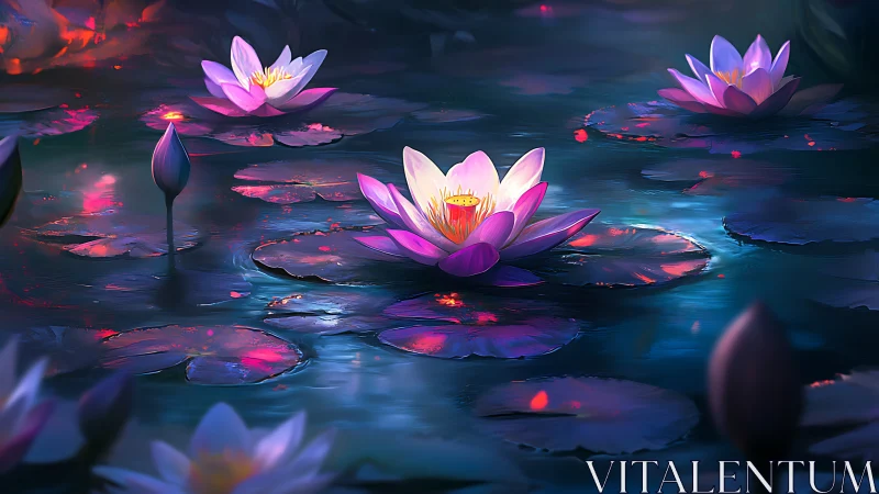 Luminescent Lotus Flowers in Ethereal Night Waters.
