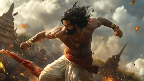 Dynamic mythic warrior in cinematic digital painting composition.