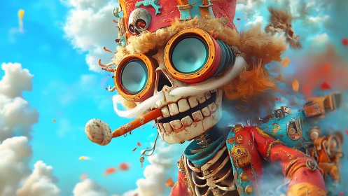 Goggled skeleton figure in ornate attire against sky backdrop.