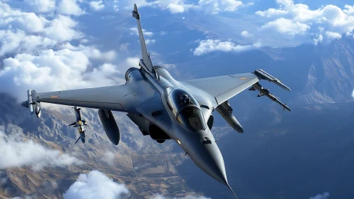 Steel raptor knifes through sunlit clouds above rugged peaks.