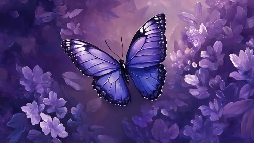 Luminous violet butterfly drifting through a twilight blossom haze.