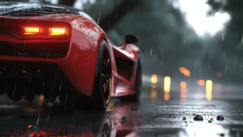 Red sports car rear in heavy rain on wet reflective road