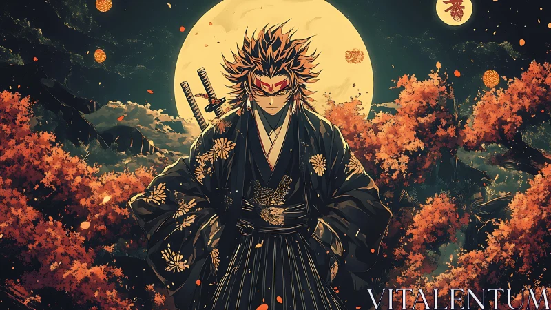 Lone samurai under full moon amid blazing autumn grove.
