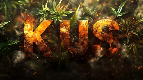 Textured KUS typography embedded in smoky cannabis foliage
