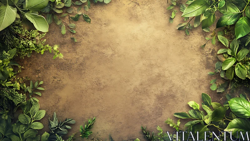 Green foliage frames textured brown background space