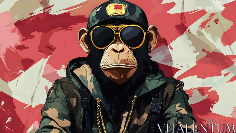 Anthropomorphic chimpanzee in camouflage with abstract backdrop.