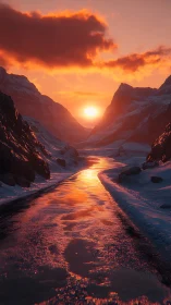 Sun reflects on icy mountain road at low winter sunset